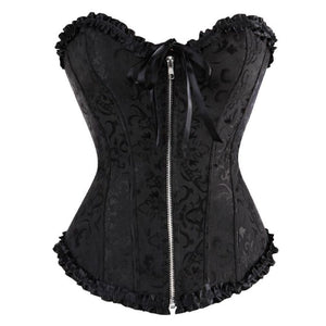 Women Sexy Floral Zipper Overbust Corset  Waist Cincher Slim Lace Up Fashion Jacquard Brocade Corset Bustier Lingerie Top