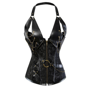 Women Steampunk Faux Leather Corset Burlesque Chains Zipper Vintage Gothic Floral Halter Overbust Corsets Bustiers Plus Size