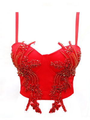 Corset Camis Autumn Sexy Crop Top Stage Acrylic Rhinestone Shine Women Top With Cup Push Up Bra