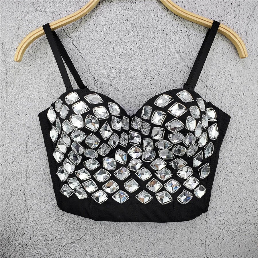 Acrylic Shine Sexy Top Performance Party Nightclub Crop Top Women To Wear Out Spaghetti Strap Corset Push Up Bralette