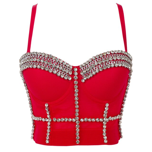 Corset Tops Women Off Shoulder Rhinestone Top Bright Beads Cropped Sling Crop Top With Cups Sexy Body Top Nightclub Bustiers