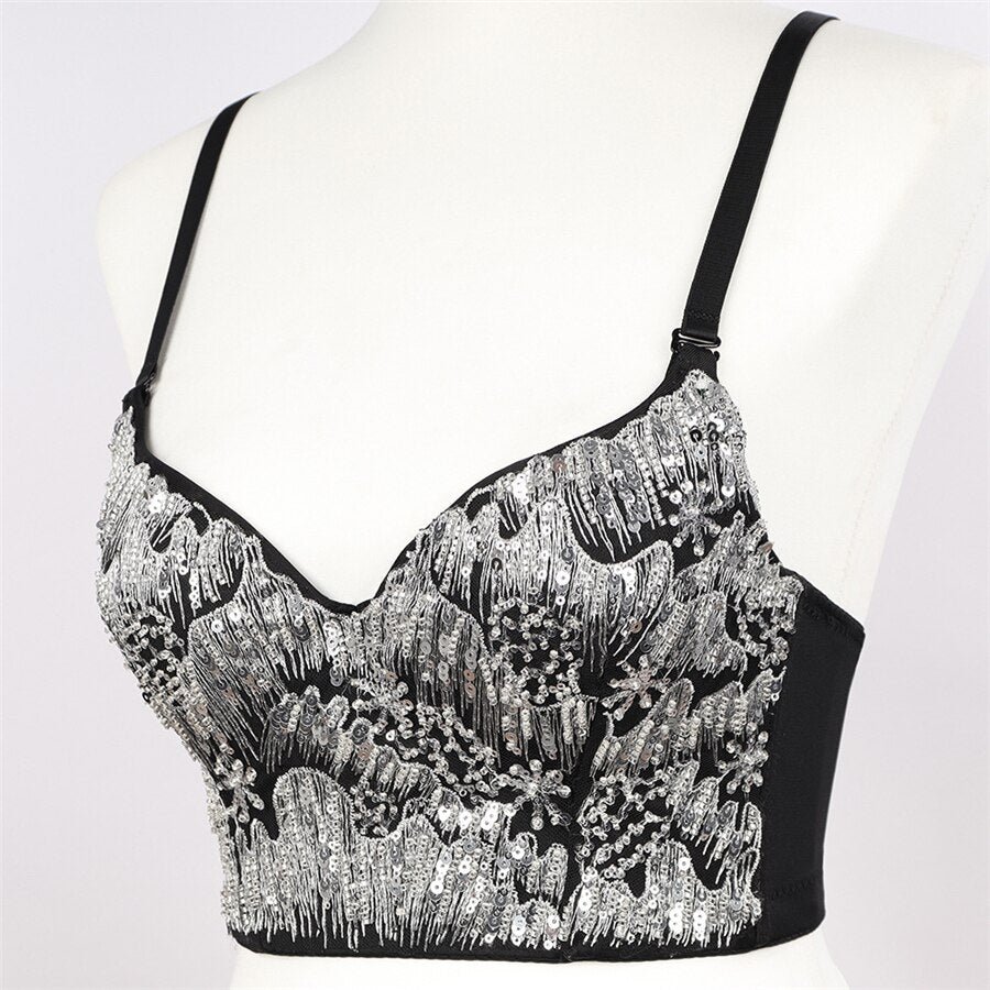 New Cropped With Built in Bra Gold Sequins Party Hot Chick Sexy Women Crop Top Spaghetti Strap Corsets Bustier