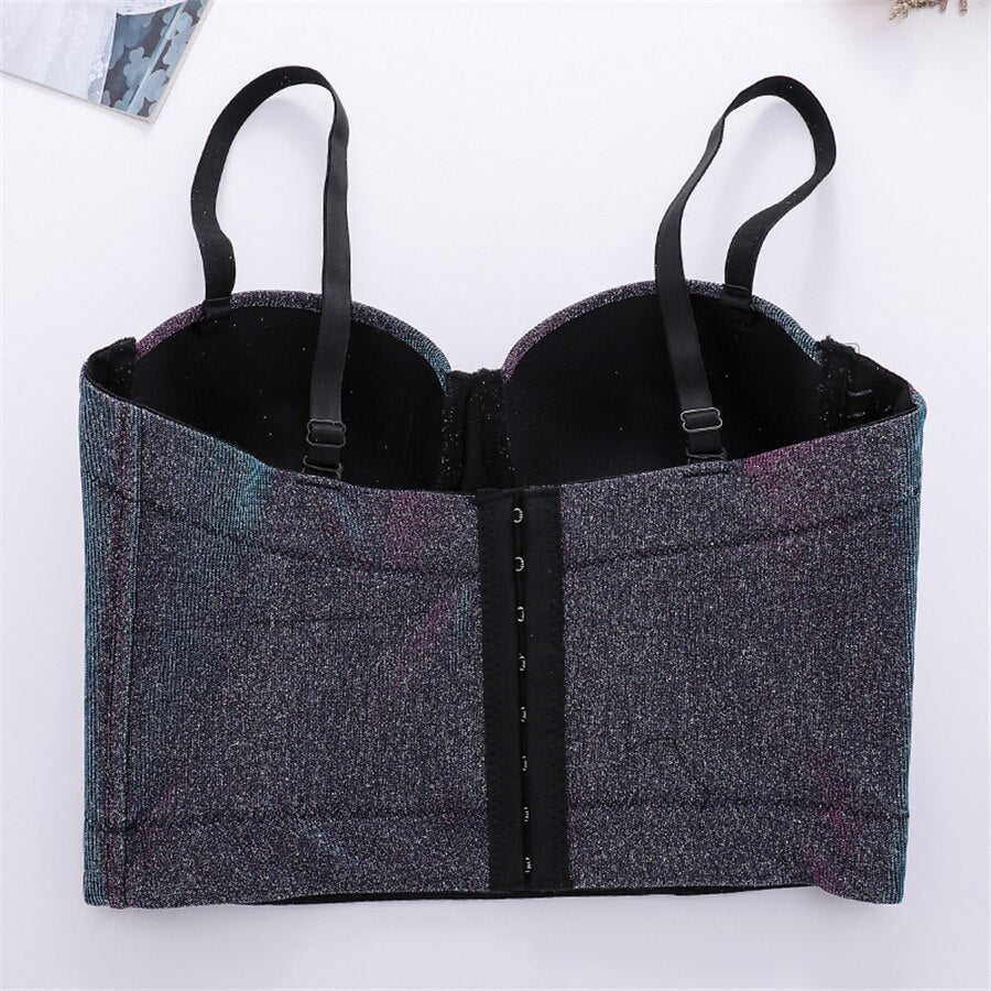 Crop Top with Built In Bra Women Shiny Sexy Body Bright Line Off Shoulder Straps Party Corset Tops Push Up Bralette