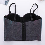 Crop Top with Built In Bra Women Shiny Sexy Body Bright Line Off Shoulder Straps Party Corset Tops Push Up Bralette