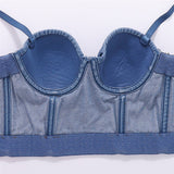 New Performance Sexy Tassel Rhinestones Crop Top Women Harajuku Denim Camis Tops With Built In Bra Push Up Bralette