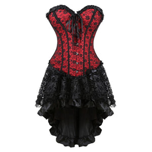 Women Sexy Floral Lace Overlay Corset Dress Victorian Vintage Overbust Corset Top With Gothic Asymmetrical High Low Skirt Set
