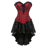 Women Sexy Floral Lace Overlay Corset Dress Victorian Vintage Overbust Corset Top With Gothic Asymmetrical High Low Skirt Set