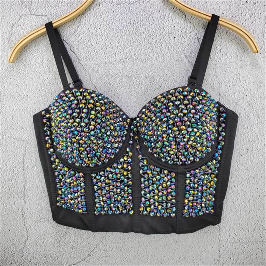 Acrylic Beads Shine Nightclub Party Tube Top With Built In Bra Push Up Bralette Crop Top Women Camis Tops