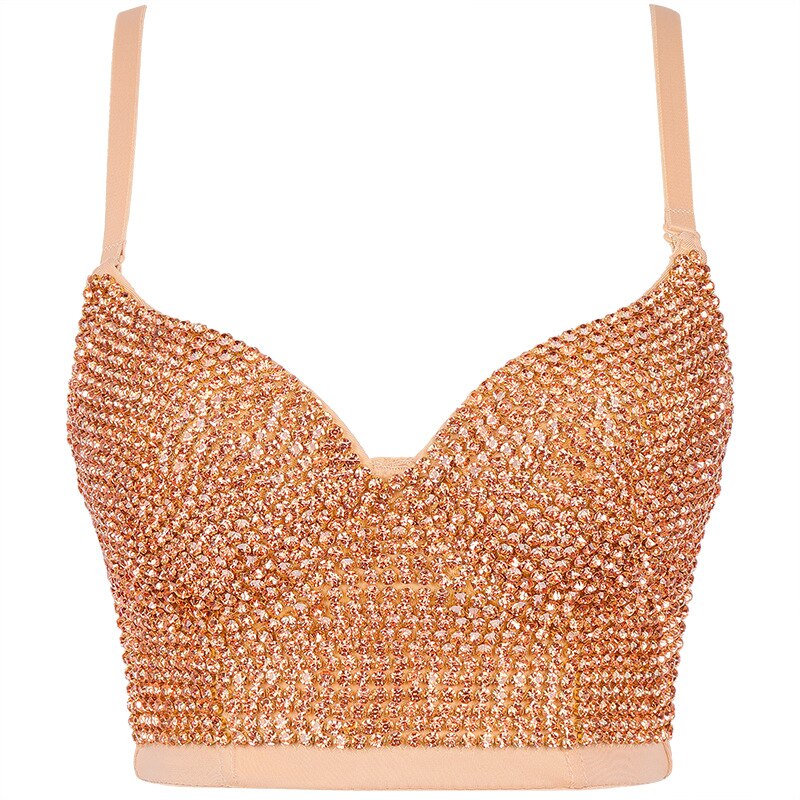 Rhinestone Sexy Top Nightclub Shines Crop Top Women Off Shoulder Camis Tops With Built In Bra Push Up Bralette