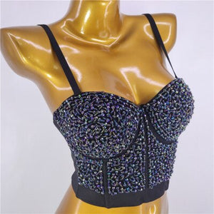 Sexy Crop Top Nightclub Show Corset Sleeveless Beads Top Women Camis Tops With Built In Bra Push Up Bralette