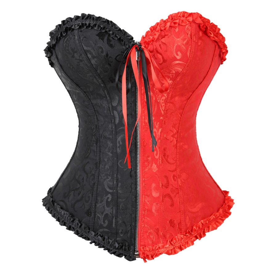 Women Sexy Floral Zipper Overbust Corset  Waist Cincher Slim Lace Up Fashion Jacquard Brocade Corset Bustier Lingerie Top