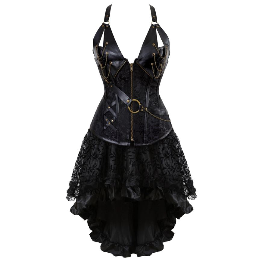 Gothic Corset Dress Sexy Leather Corset Bustier Lingerie Renaissance Blouse Steampunk Irregular Pirate Skirt Set Plus Size S-6XL