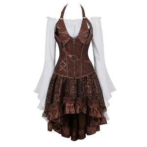 Gothic Corset Dress Sexy Leather Corset Bustier Lingerie Renaissance Blouse Steampunk Irregular Pirate Skirt Set Plus Size S-6XL