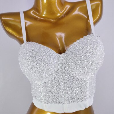 Sexy Crop Top Nightclub Show Corset Sleeveless Beads Top Women Camis Tops With Built In Bra Push Up Bralette