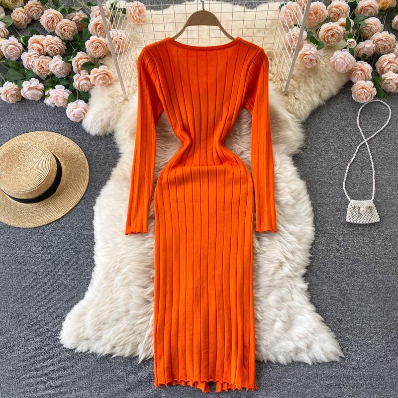 V Neck Long Sleeve Knitted Sweater Dress Winter Front Button Elegant Sexy Bodycon Midi Dress