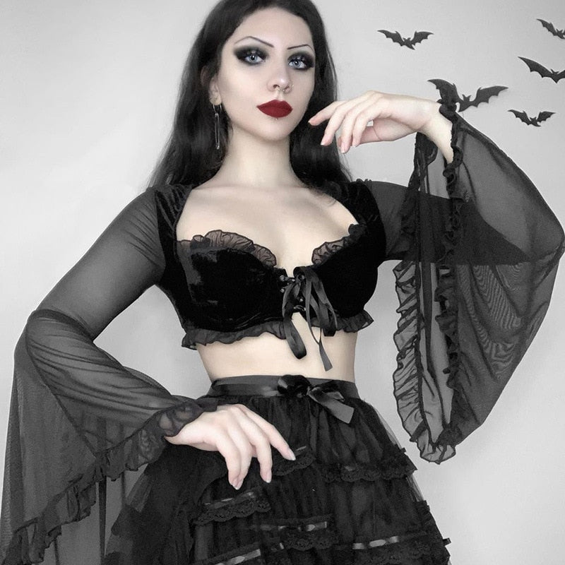 Mall Gothic Sext Velvet Ruffle T Shirt Y2K Grunge Aesthetic Black Chiffon Flare Sleeve Lace Up Tops Punk Retro Harajuku Crop Top