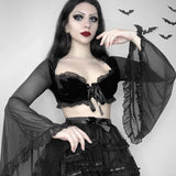 Mall Gothic Sext Velvet Ruffle T Shirt Y2K Grunge Aesthetic Black Chiffon Flare Sleeve Lace Up Tops Punk Retro Harajuku Crop Top