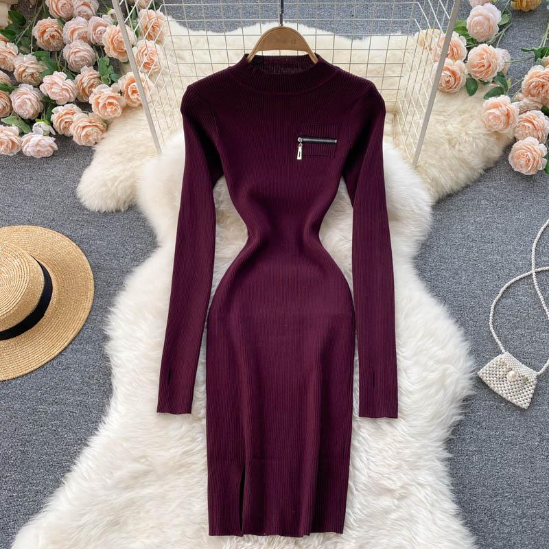 Autumn Winter Elegant Sexy Ribbed Knitted Bodycon Dress Warm High Neck –  FashionLoveHunter