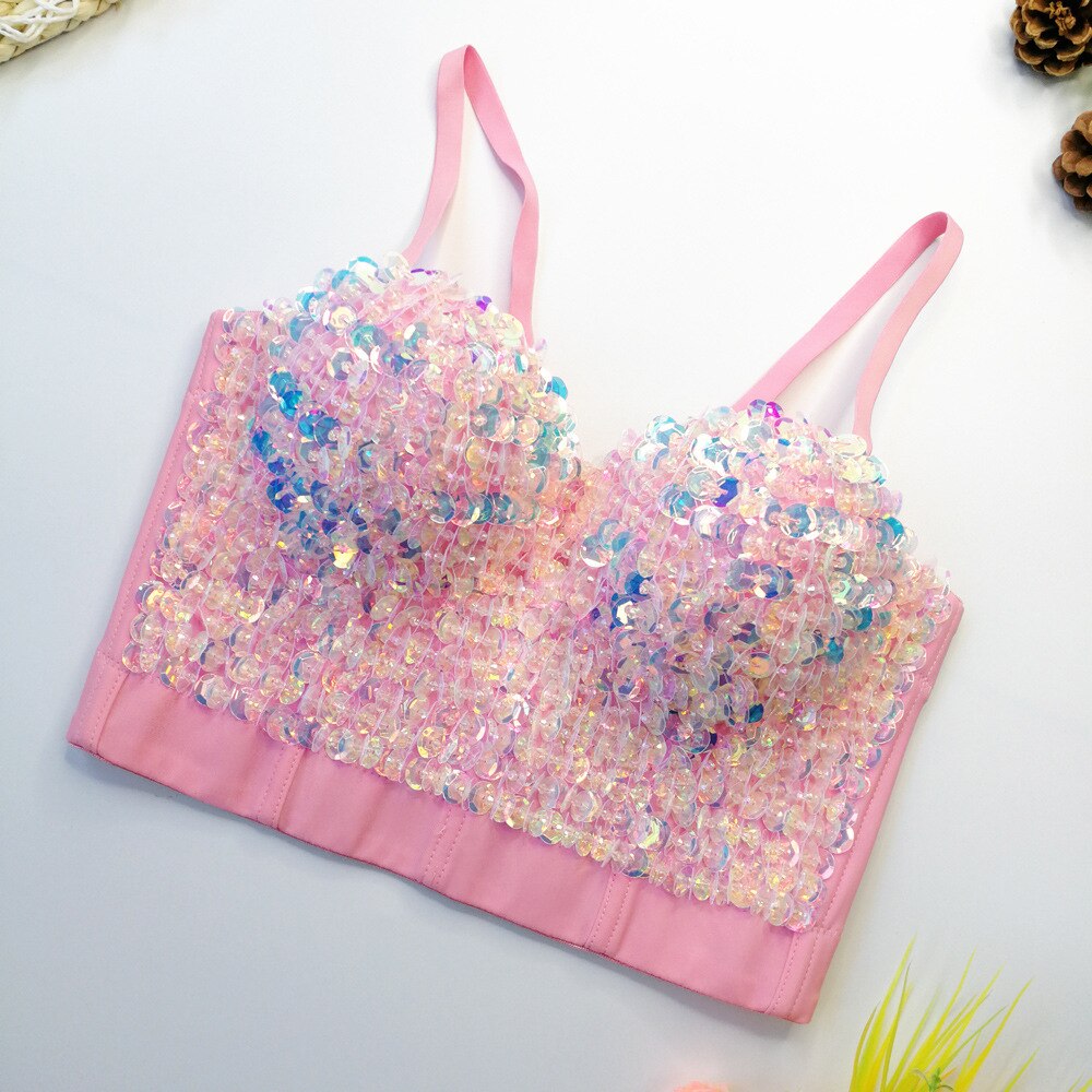 Sexy Beads Sequins Women Crop Tops Camis Cropped in Bra Party Spaghetti Strap Corset With Cups Push Up Bustier