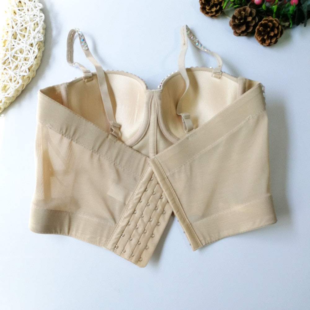 Sexy Crop Top Built In Bra Acrylic Shine Nightclub Party Women Top With Cups Push Up Bralette Female Corset Mesh Camis