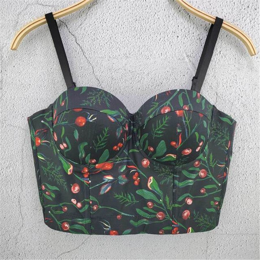 Plants Print Fairy Tanks Camis Bustier Crop Top With Built In Bra Women Off Shoulder Summer Tops Camisole