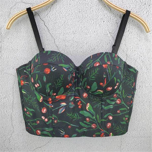 Plants Print Fairy Tanks Camis Bustier Crop Top With Built In Bra Women Off Shoulder Summer Tops Camisole