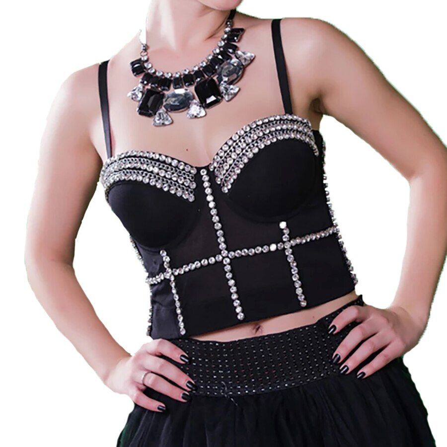 Corset Tops Women Off Shoulder Rhinestone Top Bright Beads Cropped Sling Crop Top With Cups Sexy Body Top Nightclub Bustiers