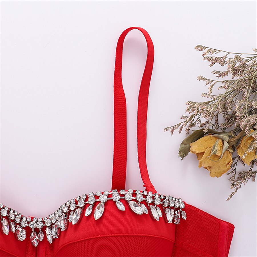 New Short Sexy Diamond Beading Crop Top Women Solid Camis Tops With Built In Bra Push Up Bralette