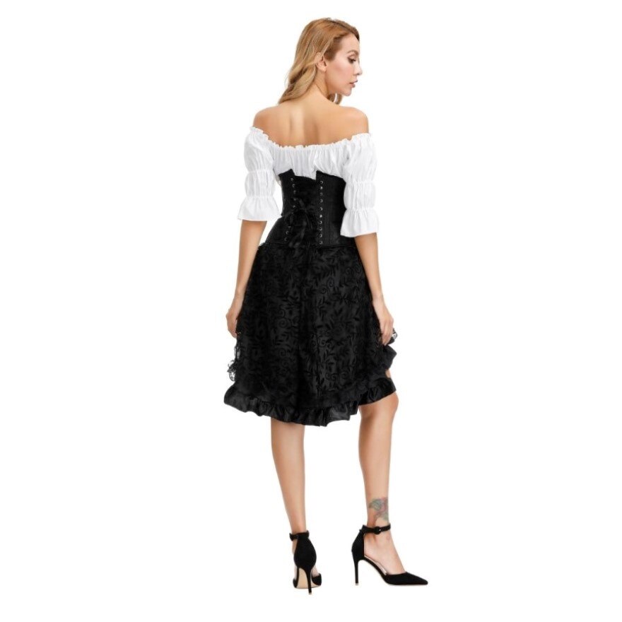 Gothic Skirt Set Underbust Corset Asymmetrical Floral Lace Skirt with Renaissance Blouse Three-Pieces Outfits Plus Size