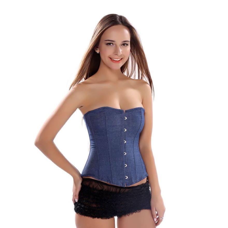 Women Sexy Blue Denim Buckle Overbust Corset Gothic Strapless Retro Corsets Waist Cincher Bustier Sexy Lingerie Top Plus Size