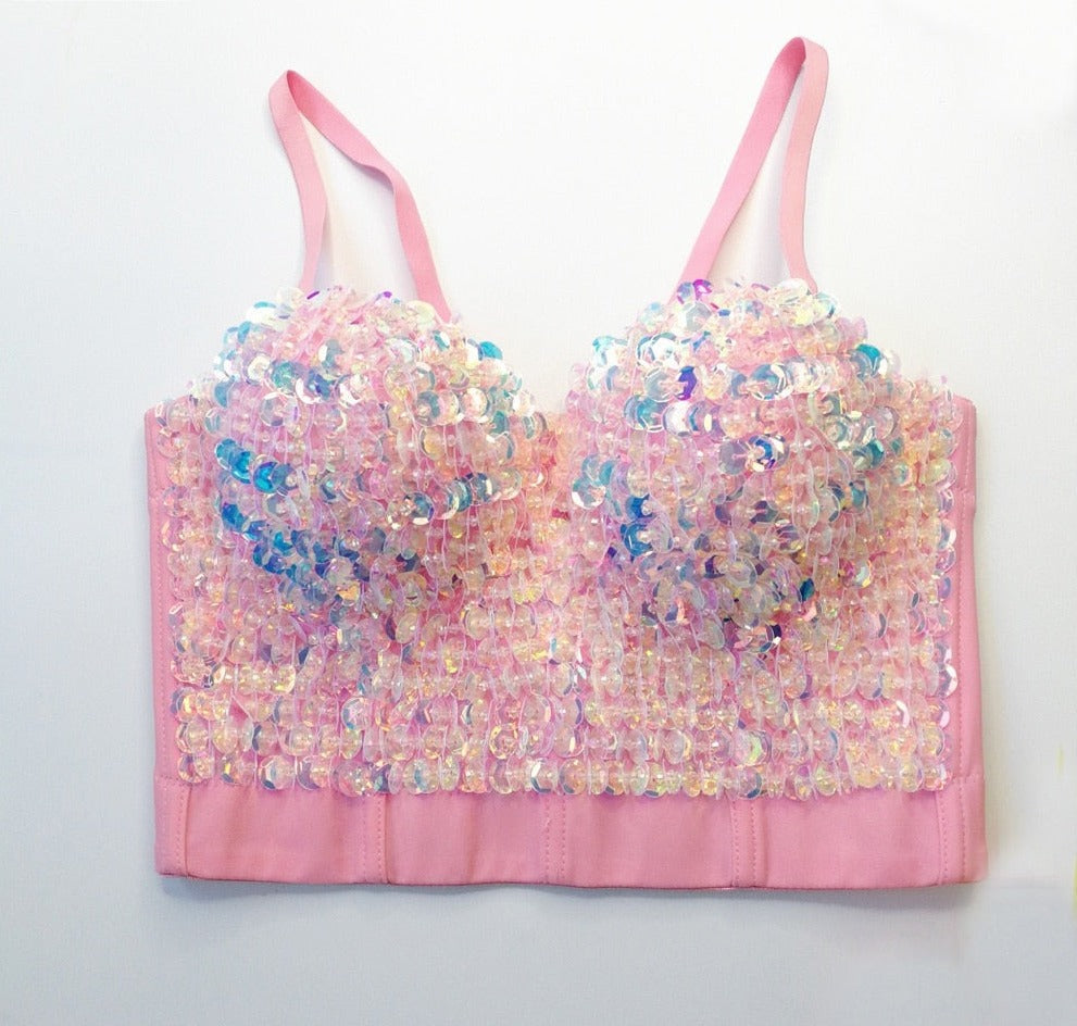 Sexy Beads Sequins Women Crop Tops Camis Cropped in Bra Party Spaghetti Strap Corset With Cups Push Up Bustier