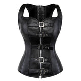 Women Gothic Sexy Faux Leather Straps Corset Vest Studded Zipper Buckles Body Shaper Corset Bustier Lingerie Top Plus Size Black