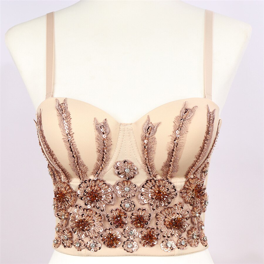 Sexy Slim Beads Acrylic Women Corset Crop Top Built in Bra To Wear Out Off Shoulder Camis Clothes