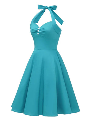 Turquoise Buttons Halter Sexy Party Backless Lace-Up Corset Dress Women 50s Style Vintage Robes Summer Swing Dresses