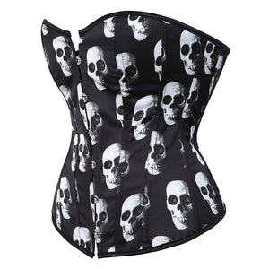 Gothic Skull Print Overbust Corset Top Women Sexy Satin Corset Bustier Lingerie Waist Cincher Body Shaper Lace Up Corsets S-6XL