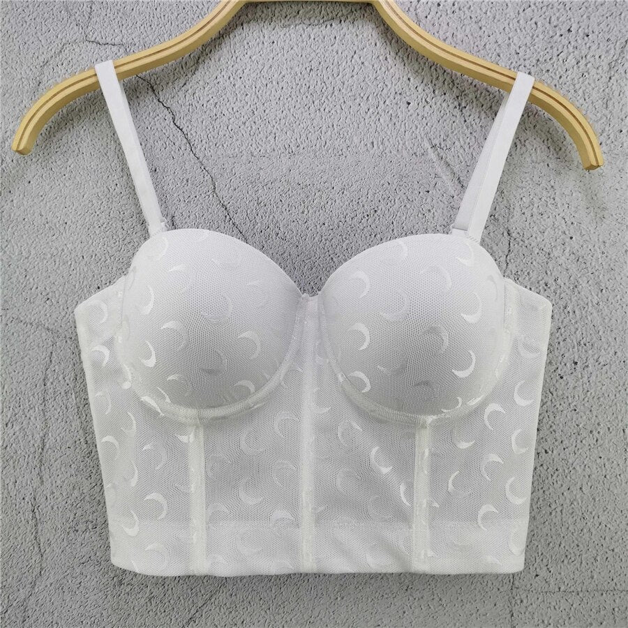 Mesh Lace Moon Pattern Crop Top Casual Sexy Women Top To Wear Out Push Up Bralette Bra Corset Sleeveless Clothes