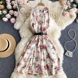Beach Chiffon Floral Summer Dress Round Neck Sleeveless Casual Mini Dress With Belt