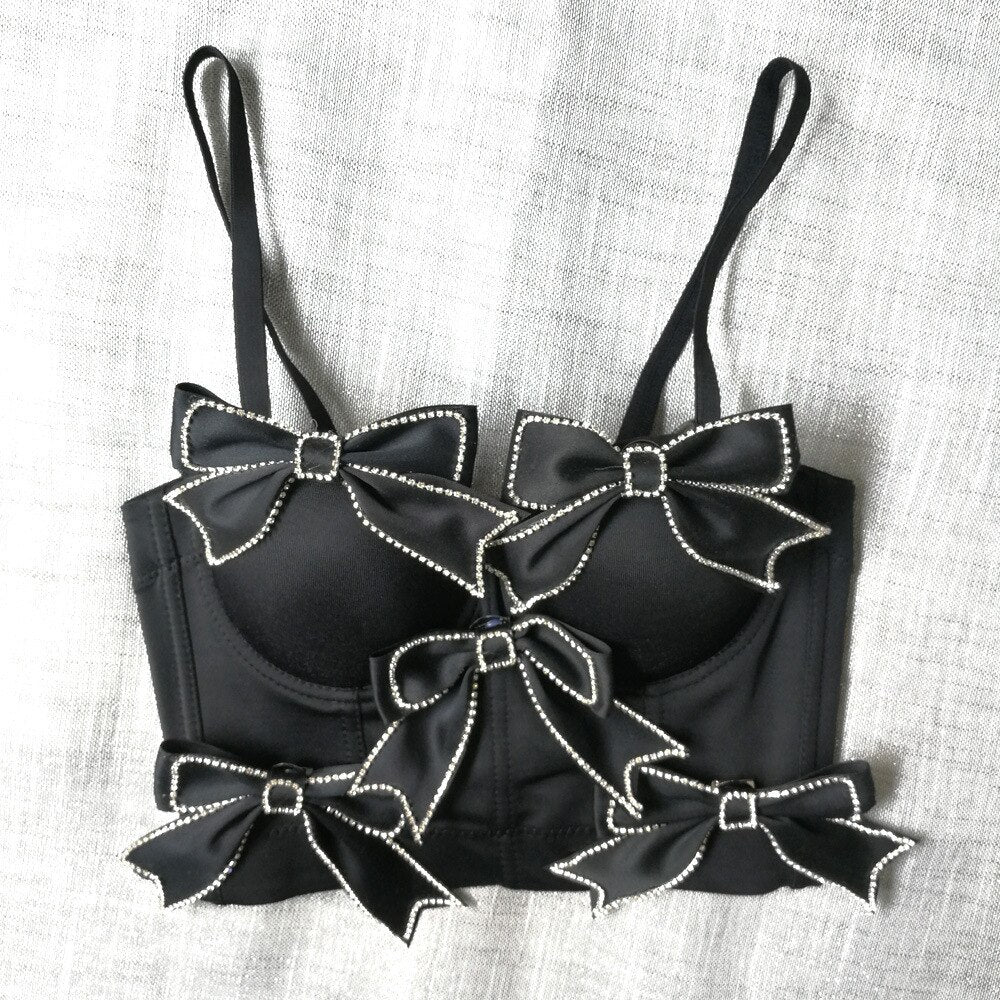 Sexy Bow Rhinestones Female Corset Nightclub Party Short Women Camis In Bra Cropped Crop Top Push Up Breast