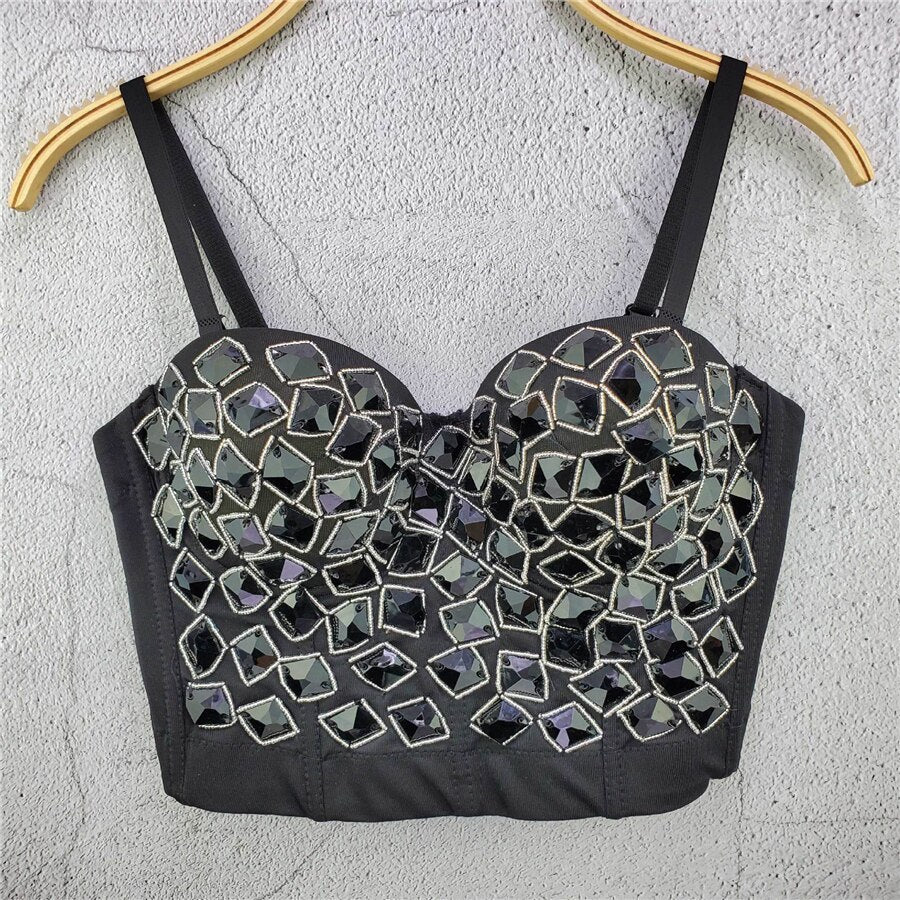 Acrylic Shine Sexy Top Performance Party Nightclub Crop Top Women To Wear Out Spaghetti Strap Corset Push Up Bralette