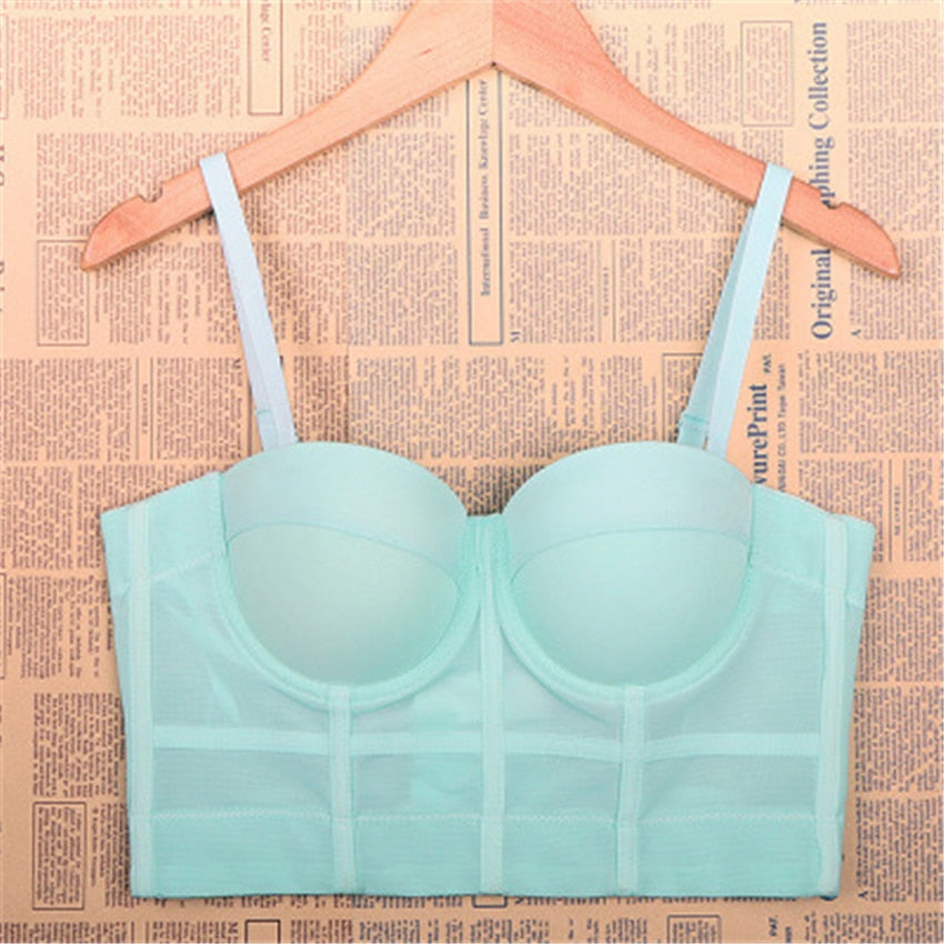 Crop Tank Top With Cups Femme Halter Bustiers Corset Tops Elasticity Mesh Sexy Top Dance Nightclub Lingerie To Wear Out