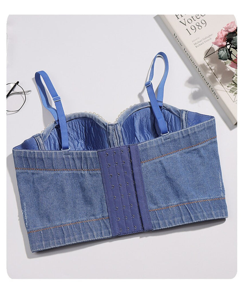 Denim Beading Rhinestone Top With Built In Bra Push Up Bralette Crop Top Women Backless Camisole Tops With Cups