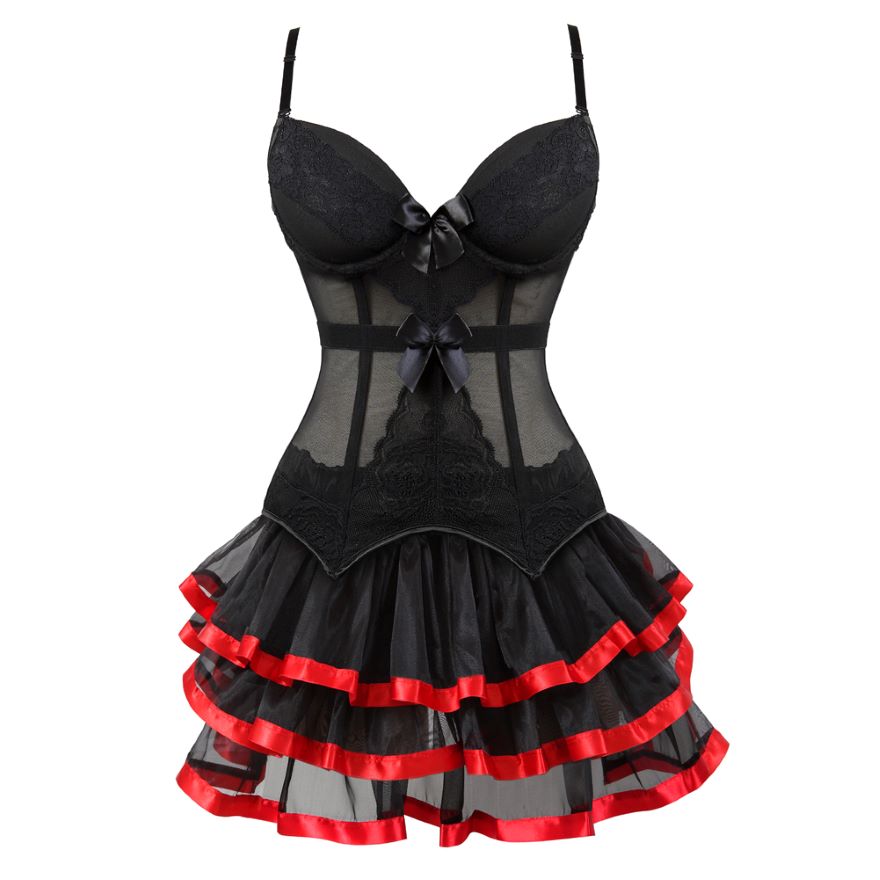 Victorian Burlesque Straps Corset Dress Women Gothic Sexy Cup Lace Corset Bustier Lingerie Top With Striped Mini Skirt Set