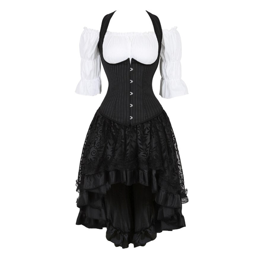 Women Gothic Corset Dress Sexy Striped Underbust Corset Vest Renaissance Blouse Asymmentrical Floral Lace Skirt Set Three-Pieces