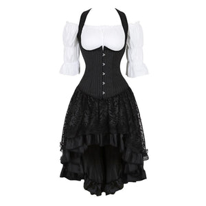 Women Gothic Corset Dress Sexy Striped Underbust Corset Vest Renaissance Blouse Asymmentrical Floral Lace Skirt Set Three-Pieces