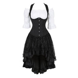 Women Gothic Corset Dress Sexy Striped Underbust Corset Vest Renaissance Blouse Asymmentrical Floral Lace Skirt Set Three-Pieces