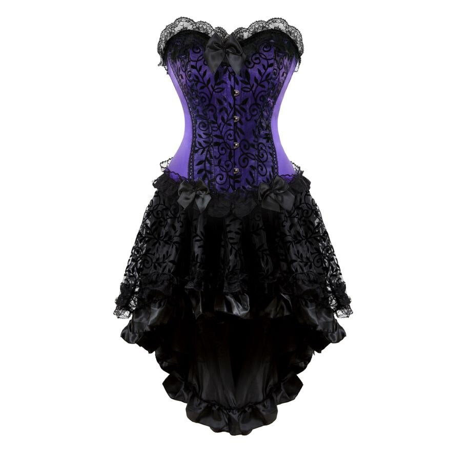 Women Sexy Lace Floral Corset Dress Victorian Fashion Corset Bustier Lingerie Top With Gothic Asymmencial High Low Skirt Set