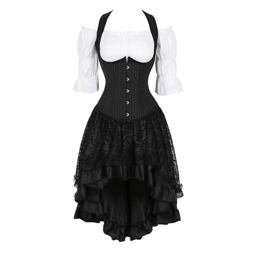 Women Gothic Corset Dress Sexy Striped Underbust Corset Vest Renaissance Blouse Asymmentrical Floral Lace Skirt Set Three-Pieces