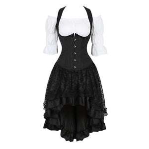 Women Gothic Corset Dress Sexy Striped Underbust Corset Vest Renaissance Blouse Asymmentrical Floral Lace Skirt Set Three-Pieces