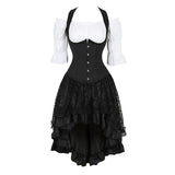 Women Gothic Corset Dress Sexy Striped Underbust Corset Vest Renaissance Blouse Asymmentrical Floral Lace Skirt Set Three-Pieces