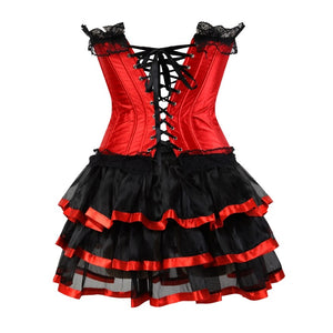 Women Sexy Striped Corset Dress Vintage Lace Trim Waist Cincher Overbust Corset Bustier Top With Mini Tutu Skirt Set Plus Size